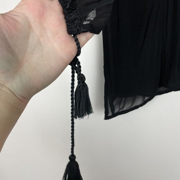 World Market Black Sheer Embroidered Top Tassled Sleeves Size Small Medium - Picture 3 of 7